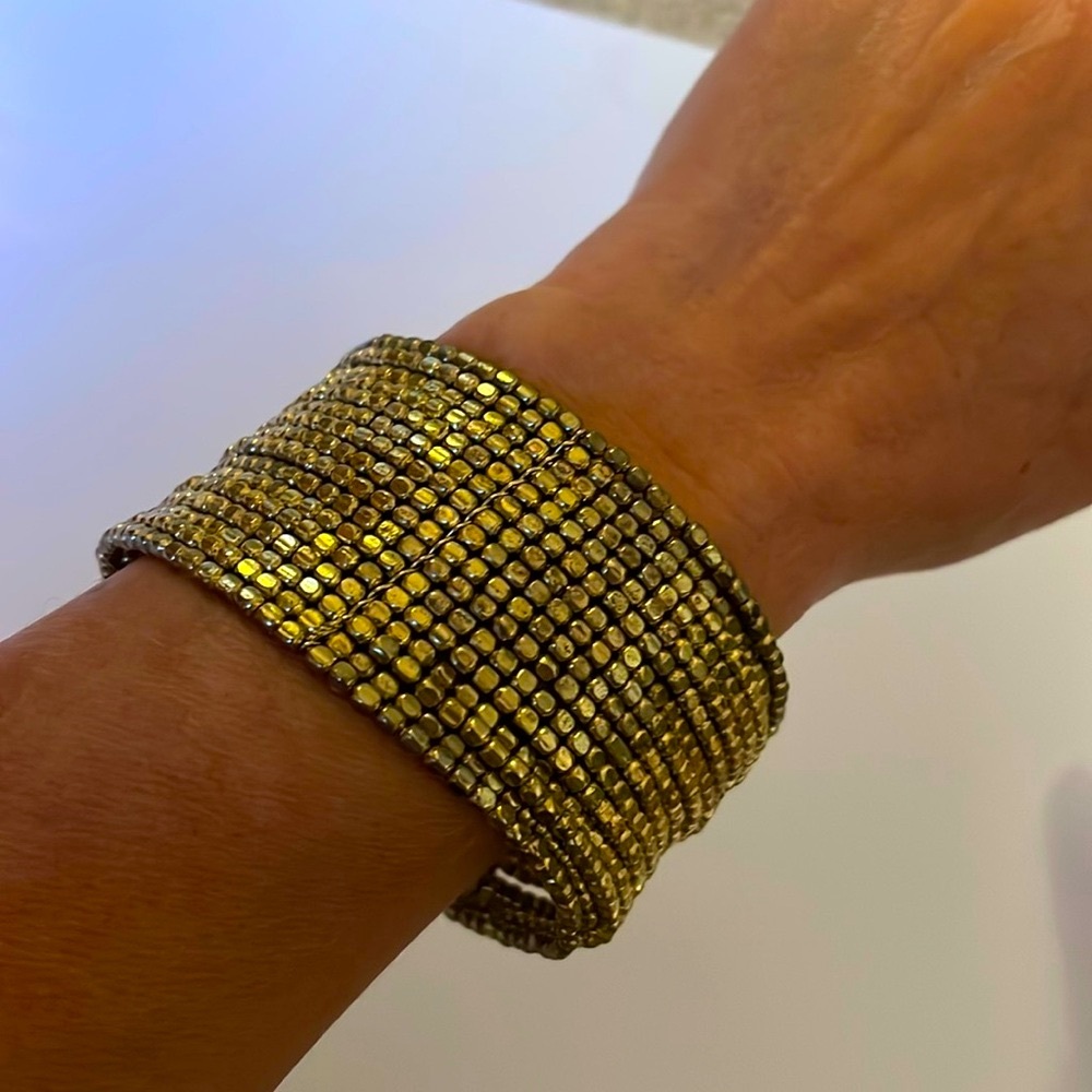 Gorgeous EUC statement gold tone beaded cuff bracelet boho vibe holiday jewelry
